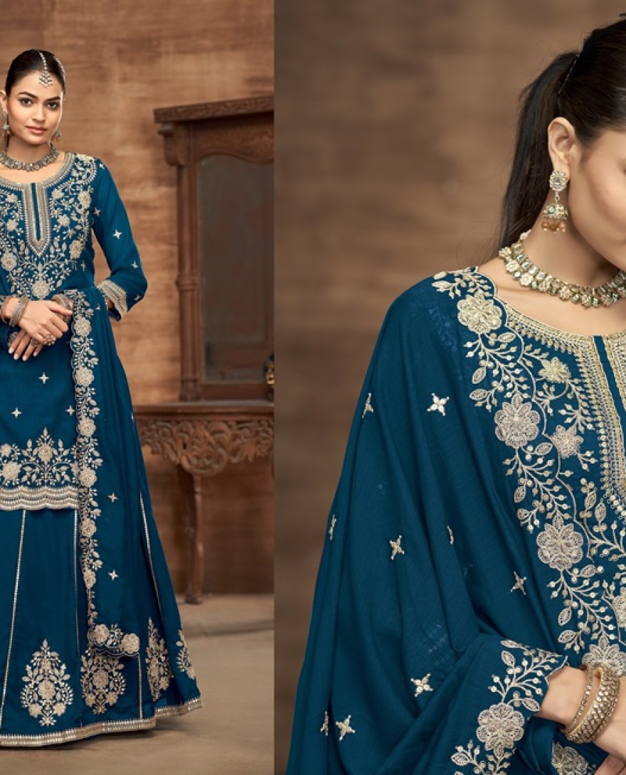226-blue - Blue Embroidered Traditional Sharara Style Suit.